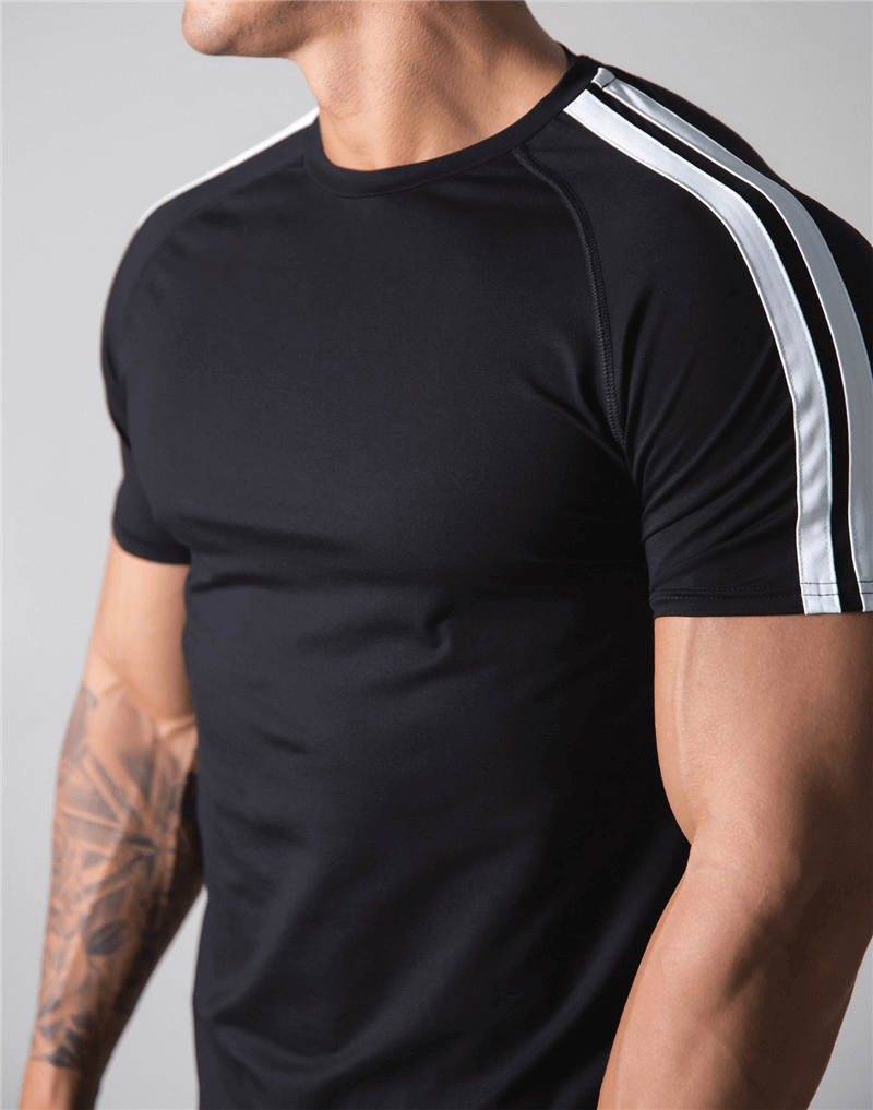 Men's running cotton t-shirt with striped sleeves, O-neck, short sleeves, black solid pattern, for stylish comfort and function.